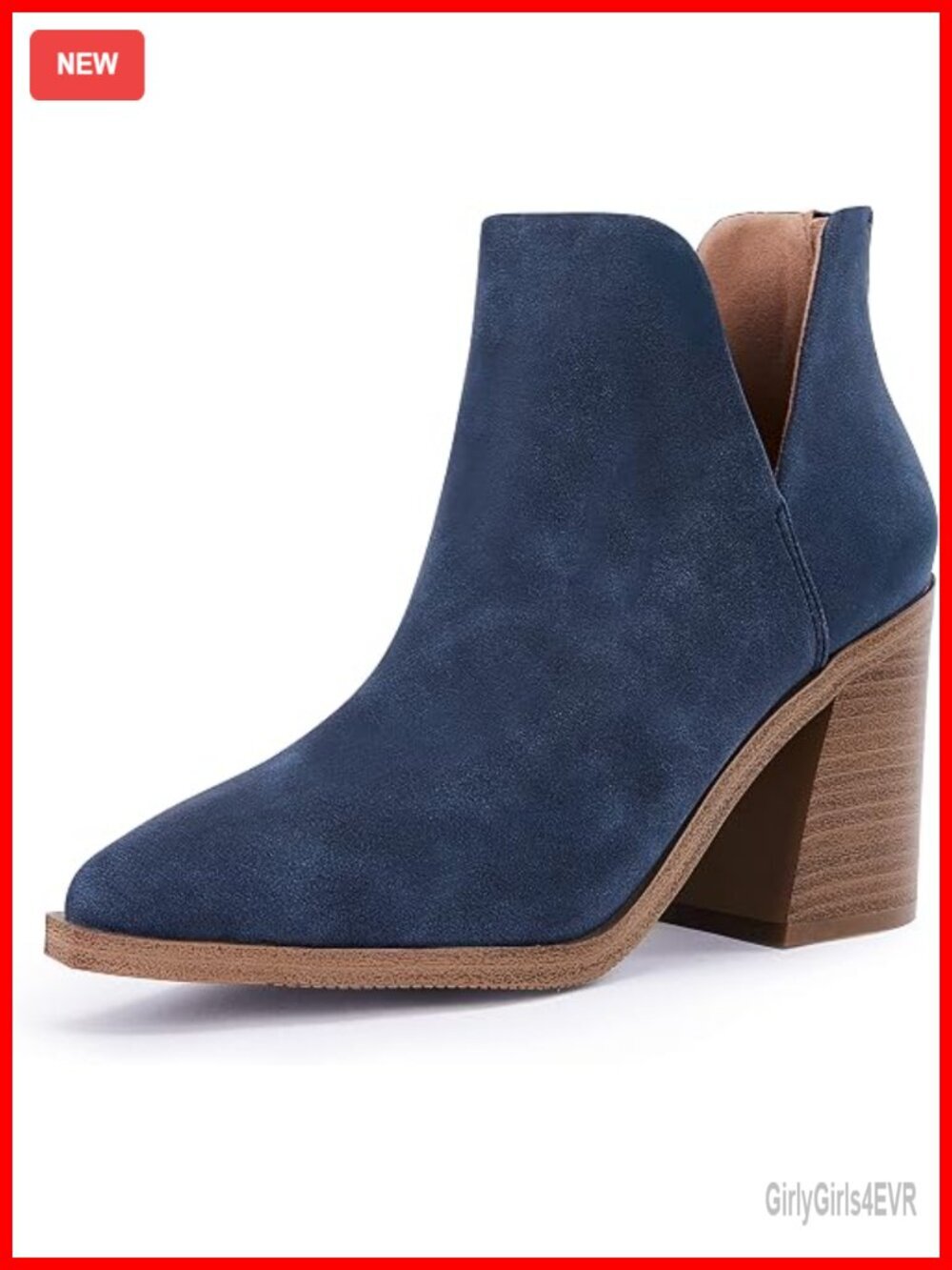 Pointed Toe Stacked Mid Heel Ankle Boots V Cut Back Zipper Faux Leather Booties